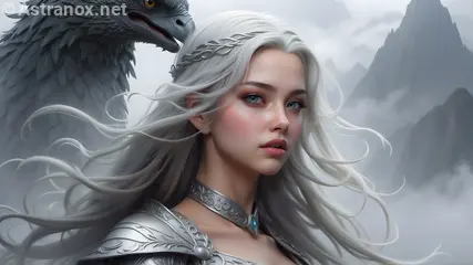 A silver-haired sorceress chants forbidden spells amidst misty mountains with her black feathered gryphon companion in this 4K wallpaper.