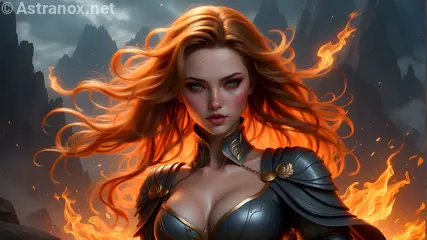 A flame-haired enchantress stands in the eerie red light of a cursed valley, channeling elemental forces in this fiery 4K wallpaper, with fog and mountain peaks in the horizon.