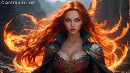 A mesmerizing portrait of a flame-haired enchantress in a cursed valley, her fiery hair reflecting the glow of powerful flames in this 4K wallpaper.