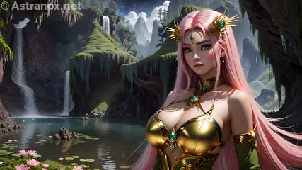 Sorceress with striking blue eyes and pink hair by a tranquil pond in Asia at dusk - 4K fantasy wallpaper capturing the essence of enchantment