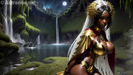 Enigmatic sorceress by a cascading waterfall at dusk, radiating enchantment and magic - Fantasy HD 2K 4K wallpaper