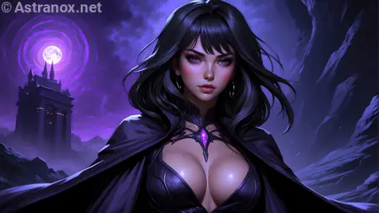 A mesmerizing 4K wallpaper featuring a shadow sorceress practicing her dark arts amidst the Obsidian Spire of Nocturna.