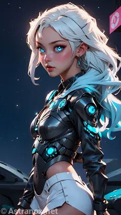 A cybernetic world meets magic in the female Druid of the Stars, a stunning beauty amidst the junkyard. With platinum hair, red lips, and blue eyes, she stands out against discarded tech and neon lights. A work of art with cybernetic enhancements, she embodies both fantasy and technology.