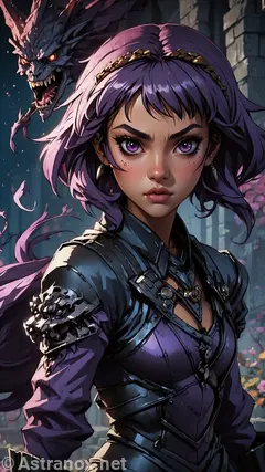 Anime-style female assassin with purple hair and eyes stands ready for action, backed by demonic dragon, in front of Shadowed Citadel fortress in dark fantasy wallpaper.