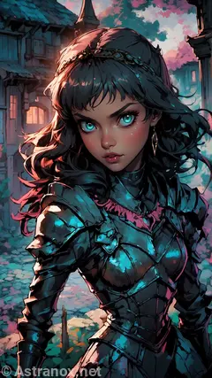 Knight amidst perpetual twilight, standing tall with teal eyes and black hair. Armor shimmering with mystery, protecting village from shadowy creatures, bringing hope to despairing inhabitants of Grimm Hollow.