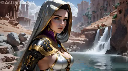 Warlock with blue eyes and black hair overlooking a captivating cityscape by the waterfront in the Middle East at daytime - 4K fantasy wallpaper capturing the essence of magic