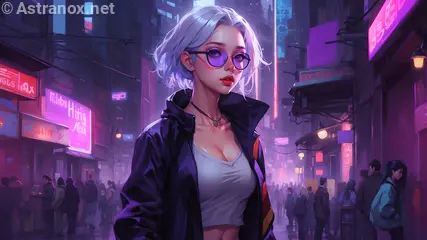 A breathtakingly detailed and atmospheric 4K wallpaper depicting a stunningly beautiful and attractive young woman with platinum hair and an athletic physique walking through a busy Cyberpunk city alleyway filled with neon signs and people.