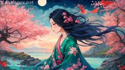 A captivating 4K wallpaper depicting a breathtakingly beautiful celestial muse with raven hair and midnight ocean tips, clad in an anime-inspired kimono embroidered with celestial creatures, standing before the Celestial Library, a fantastical realm where cosmic wisdom and mysteries await in visually rich atmospheric detail.