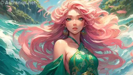 A captivating 4K wallpaper depicting a striking, athletic female with long pink hair and whimsical foliage tips, dressed in an azure kimono with gold patterns, standing waist-deep amidst mermaids and mythical marine creatures in the tranquil, surreal waters of the Eternal Sea of Serenity, a fantastical realm of enchanting wonder.