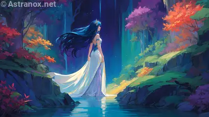 A captivating 4K wallpaper depicting a stunningly beautiful female with raven hair tipped in midnight blue, dressed in an anime-inspired whimsical ensemble of white and amethyst purple, standing before the mesmerizing Rainbow Waterfall of Luna, an otherworldly creation cascading with iridescent, life-giving waters from the moon itself.