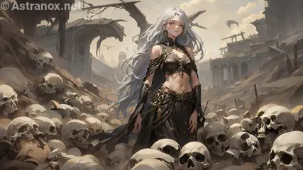 An enthralling 4K wallpaper depicting a stunningly beautiful bone priestess of Brazilian, Indian, and Chinese origins, clad in tattered dark robes and an obsidian corset adorned with bleached bones, standing amidst The Boneyard, a realm where an undying army of fallen warriors guards dark mysteries.