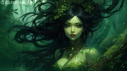 A haunting 4K wallpaper depicting a stunningly beautiful sinister swamp witch with glowing green eyes, of Polish, Jamaican, and Indonesian origins, clad in tattered emerald robes adorned with twisted vines, emerging from The Blighted Fen, a polluted marsh realm tainted by ancient sorcery and foul vapors.