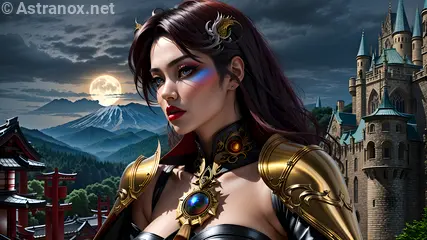 Captivating female warlock with blue eyes and burgundy hair, set against the enchanting backdrop of a modern cityscape at dusk - 4K fantasy wallpaper bringing magic to life