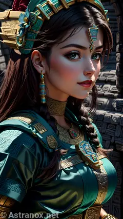 Captivating portrait of a female Templar with striking grey eyes and flowing brown hair, set in a Mayan-inspired urban landscape - 4K fantasy portrait, an enigmatic journey to the unknown