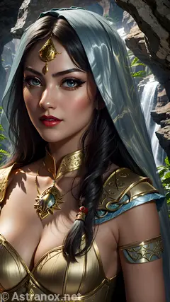 Enchanting portrait of a female Sorcerer with striking blue eyes and straight black hair by the mountain in the daytime - 4K fantasy portrait, an invitation to explore a world of magic and wonder