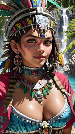 Mystical portrait of a female Shaman with captivating green eyes and straight black hair by a mesmerizing waterfall in the daytime - 4K fantasy portrait, an invitation to journey into ancient realms