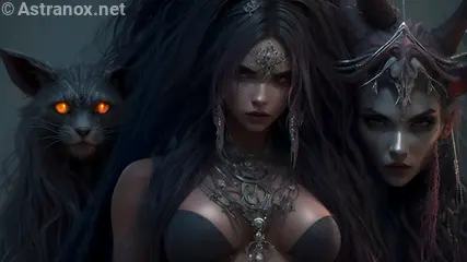 Discover the enchanting world of a female necromancer, her enigmatic companion, and an evil black cat in this 4K fantasy portrait. Lawful Evil and dark sorcery come to life in this mystical landscape