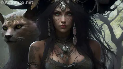 Enchanting Female Druid with Black Hair and Mythical Feline Companion in a Mystical Forest - Fantasy Wallpaper