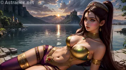 Mysterious woman by the tranquil lakeside at sundown - 4K wallpaper blending elegance and charm