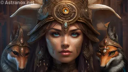 Enchanting 4K Wallpaper: Close-up of a legendary witch with a magical helmet and mystical fox-like creatures