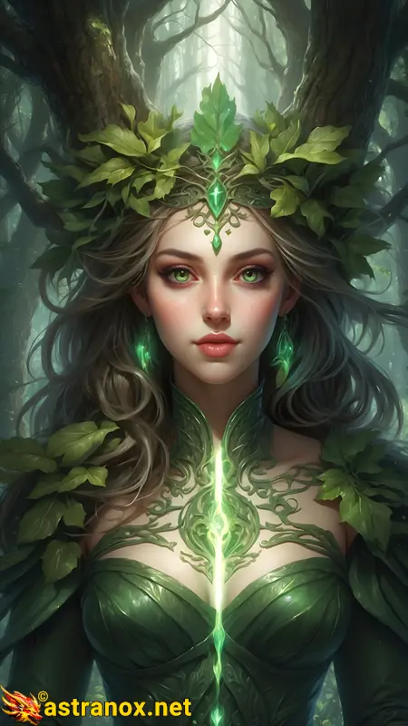 4K Wallpaper: Female druid adorned with vines and greenery, communing with nature in a mystical forest. Astranox