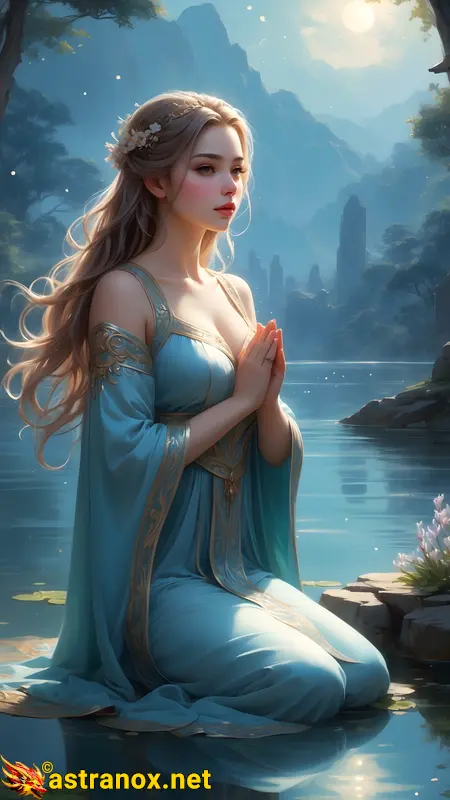 A stunning female priest adorned in ethereal robes by a shimmering lake under a celestial sky in this 4K wallpaper. Astranox