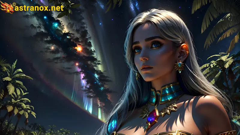 Enchanted female figure with blue eyes and platinum hair in a lush jungle landscape at dusk - 4K wallpaper blending nature and fantasy Astranox