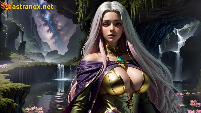 Captivating sorceress with heterochromia eyes and platinum hair casting spells by a tranquil pond at dusk - 4K wallpaper capturing the beauty of fantasy nature Astranox