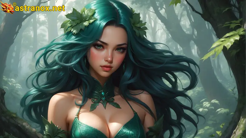 A witch with emerald green and midnight blue hair communing with spirits in a lush, foggy forest in this 4K wallpaper. Astranox