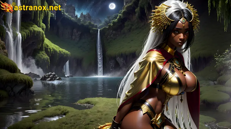 Enigmatic sorceress by a cascading waterfall at dusk, radiating enchantment and magic - Fantasy HD 2K 4K wallpaper Astranox