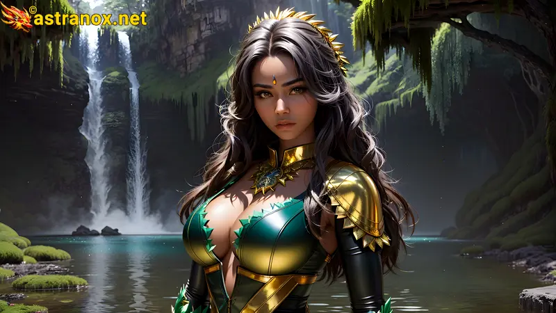 Enchanting 4K Wallpaper of a Sorceress by the Lagoon at Dawn – Sorcery and Magic Fantasy Art Astranox