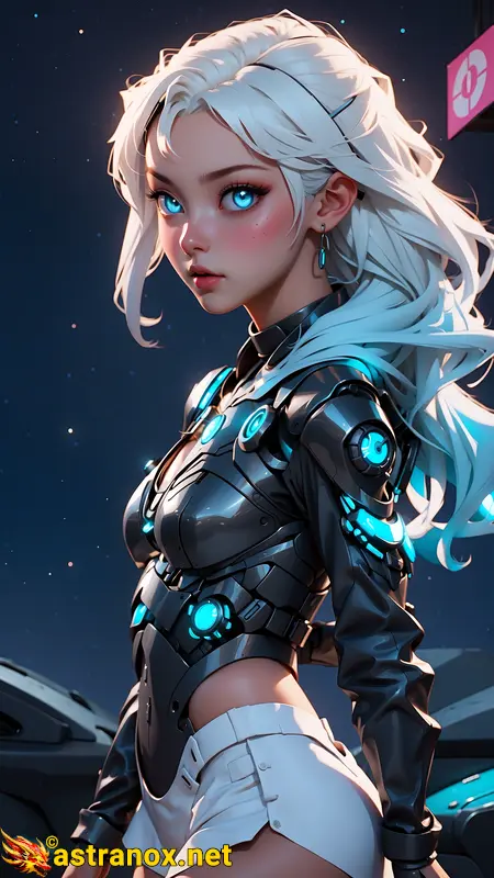 A cybernetic world meets magic in the female Druid of the Stars, a stunning beauty amidst the junkyard. With platinum hair, red lips, and blue eyes, she stands out against discarded tech and neon lights. A work of art with cybernetic enhancements, she embodies both fantasy and technology. Astranox