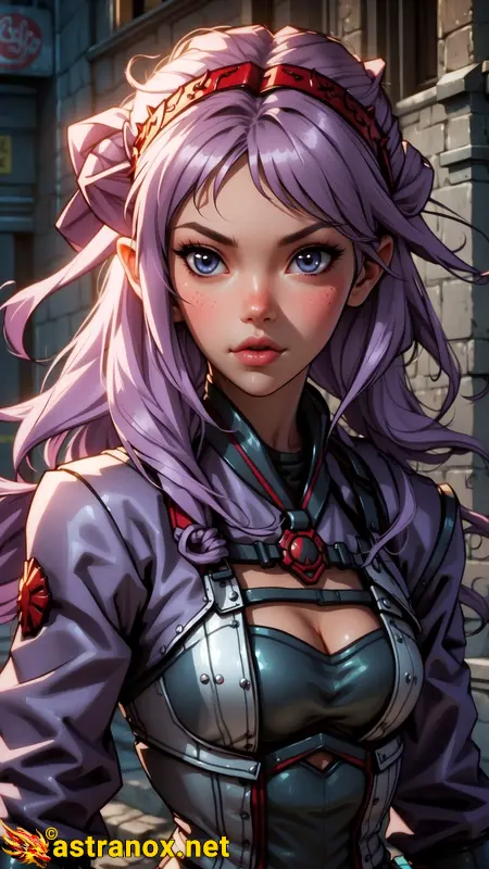 Cleric with purple hair and blue eyes navigates the Underground Network, a place for rebels to evade authorities. In vibrant outfit, she's confident and strong; magic is key in her fight against enemies. A world of conflict, betrayal, shadows, & despair but hope for redemption. Astranox