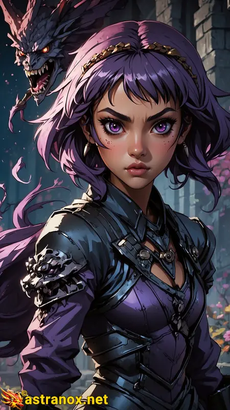 Anime-style female assassin with purple hair and eyes stands ready for action, backed by demonic dragon, in front of Shadowed Citadel fortress in dark fantasy wallpaper. Astranox