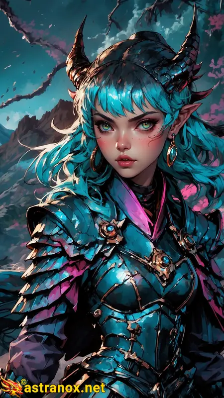 Horned female demon warlock with teal hair and green eyes in Nightmare Peaks landscape wearing sophisticated armor. Stunning 4K wallpaper for fans of dark fantasy and anime art. Astranox