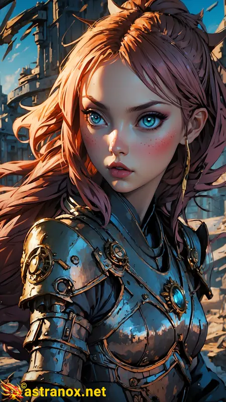 Red-Haired Beauty: An alluring anime-style illustration featuring a red-haired warrior with teal eyes amidst the enchanting architecture of the Clockwork City. Explore this unique world with this stunning wallpaper. Astranox