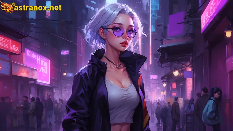 A breathtakingly detailed and atmospheric 4K wallpaper depicting a stunningly beautiful and attractive young woman with platinum hair and an athletic physique walking through a busy Cyberpunk city alleyway filled with neon signs and people. Astranox