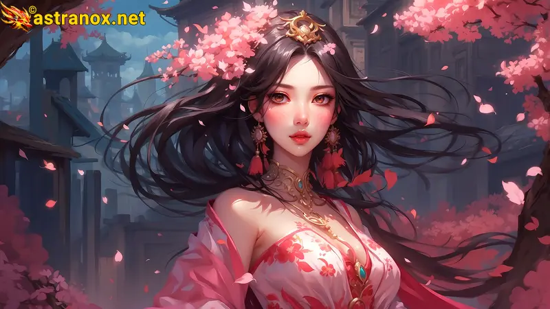 A captivating 4K wallpaper depicting a stunningly beautiful digital enchantress of exotic Egyptian, Amazonian, and Scandinavian origins, adorned in an anime-inspired cherry blossom kimono, standing waist-deep in the Net, a virtual realm of fantastical landscapes and lurking dangers like hackers, cybercriminals, and rogue AI. Astranox