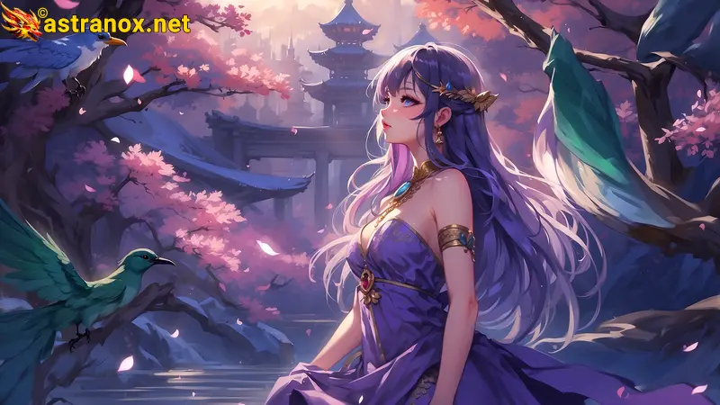 A captivating 4K wallpaper depicting a stunningly beautiful enchantress with origins in Scandinavia, Japan, and Egypt, clad in a manga-inspired dress of ethereal lilac and royal blue with glittering gemstones, standing amidst the shadowy Darknet Alley where hackers and data dealers trade illegal information. Astranox