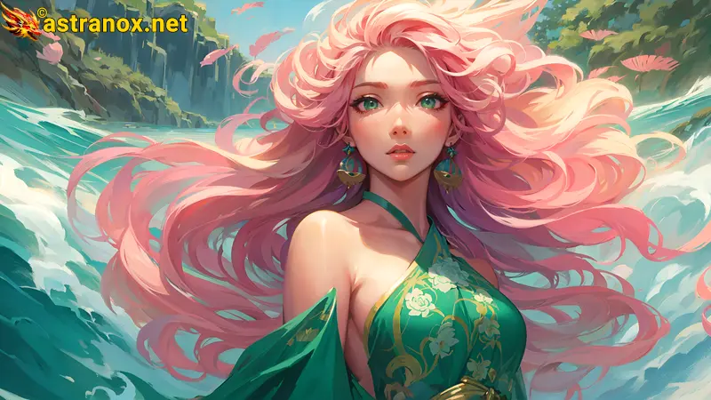 A captivating 4K wallpaper depicting a striking, athletic female with long pink hair and whimsical foliage tips, dressed in an azure kimono with gold patterns, standing waist-deep amidst mermaids and mythical marine creatures in the tranquil, surreal waters of the Eternal Sea of Serenity, a fantastical realm of enchanting wonder. Astranox