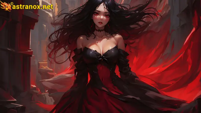 A mesmerizing 4K wallpaper depicting a stunningly beautiful blood priestess with glowing crimson eyes, of Spanish, Ethiopian, and Filipino origins, clad in revealing black garb, standing within The Gorgemire, a bottomless underworld chasm teeming with foul ooze, congealed viscera, and unholy abominations swimming in the depths. Astranox