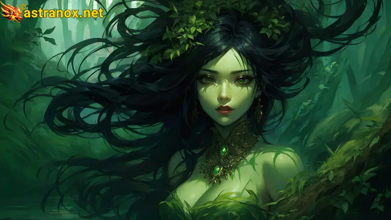 A haunting 4K wallpaper depicting a stunningly beautiful sinister swamp witch with glowing green eyes, of Polish, Jamaican, and Indonesian origins, clad in tattered emerald robes adorned with twisted vines, emerging from The Blighted Fen, a polluted marsh realm tainted by ancient sorcery and foul vapors. Astranox