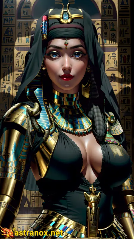 Enchanting portrait of a female Priest with captivating blue eyes and lustrous black hair, set against an Egyptian pyramid - 4K fantasy portrait, an enchanting journey to enchantment Astranox