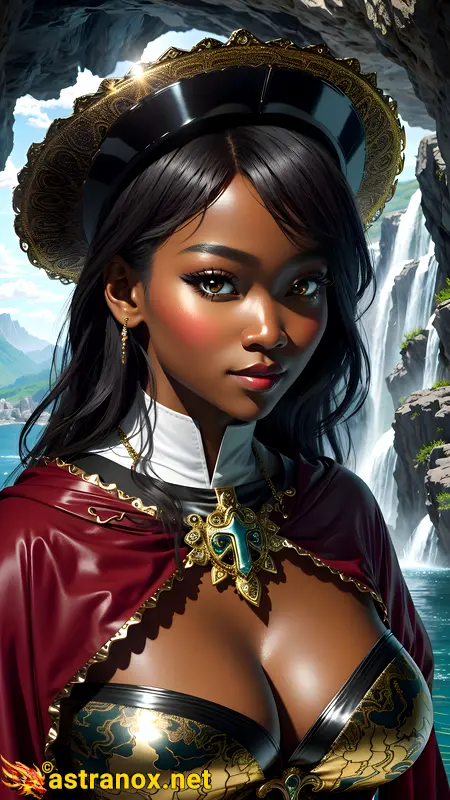 Mystical portrait of a female Priest with hazel eyes and straight black hair by a waterfall - 4K fantasy portrait, a journey to the world of magic and wonder in an African-inspired landscape Astranox