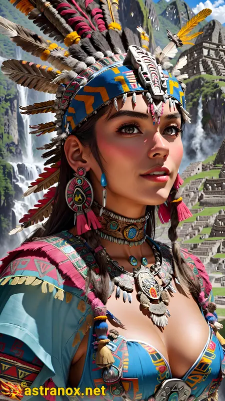 Mystical portrait of a female Shaman with captivating grey eyes and straight black hair against the majestic mountains in the daytime - 4K fantasy portrait, an invitation to embark on a journey into the mystical and enchanted Astranox