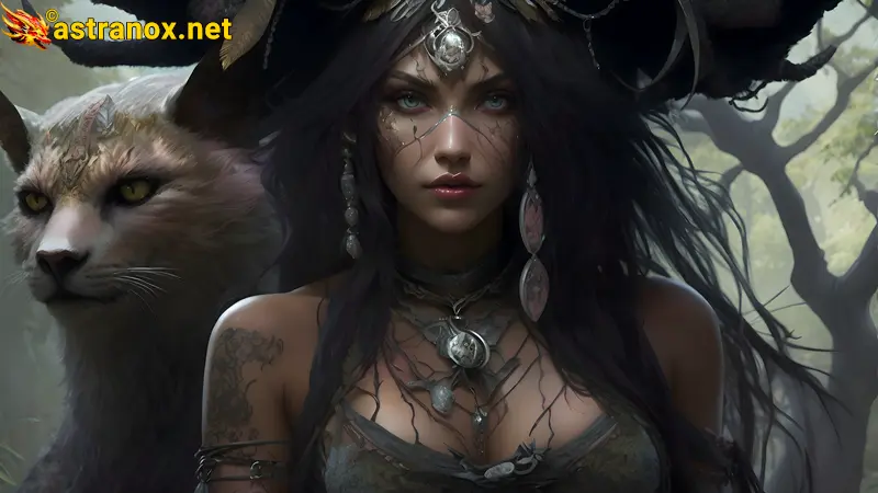 Enchanting Female Druid with Black Hair and Mythical Feline Companion in a Mystical Forest - Fantasy Wallpaper Astranox