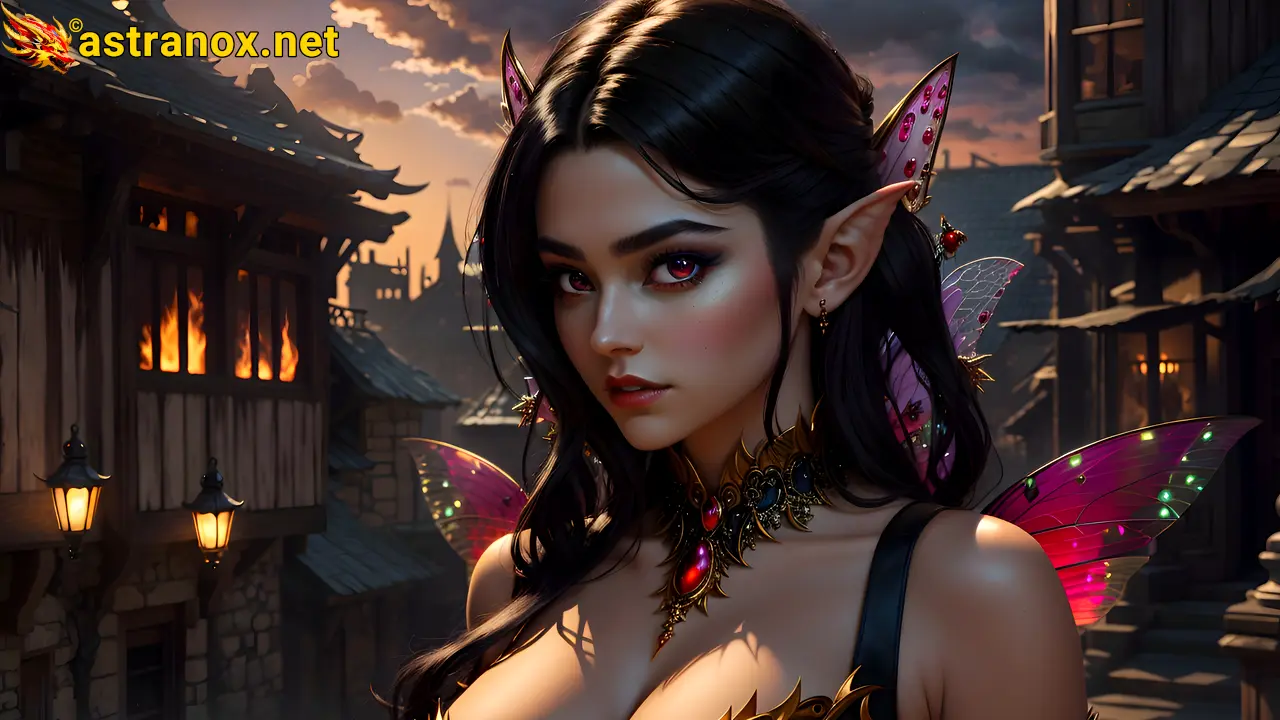 Captivating female elf warlock in urban fantasy setting at sunset - 4K wallpaper capturing her allure and power Astranox