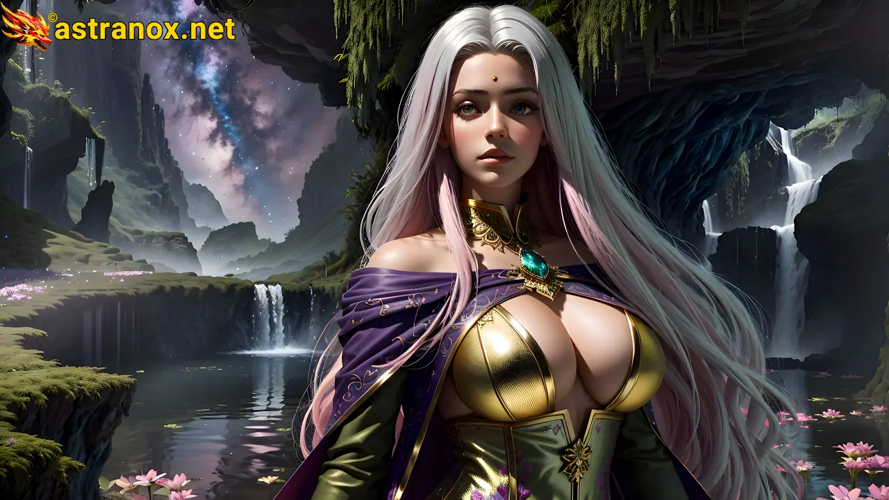 Captivating sorceress with heterochromia eyes and platinum hair casting spells by a tranquil pond at dusk - 4K wallpaper capturing the beauty of fantasy nature Astranox