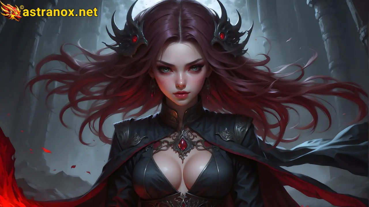 A mesmerizing 4K wallpaper featuring the Blood Sorceress in the Bloodstone Mines, a realm of dark magic and ancient rituals. Astranox