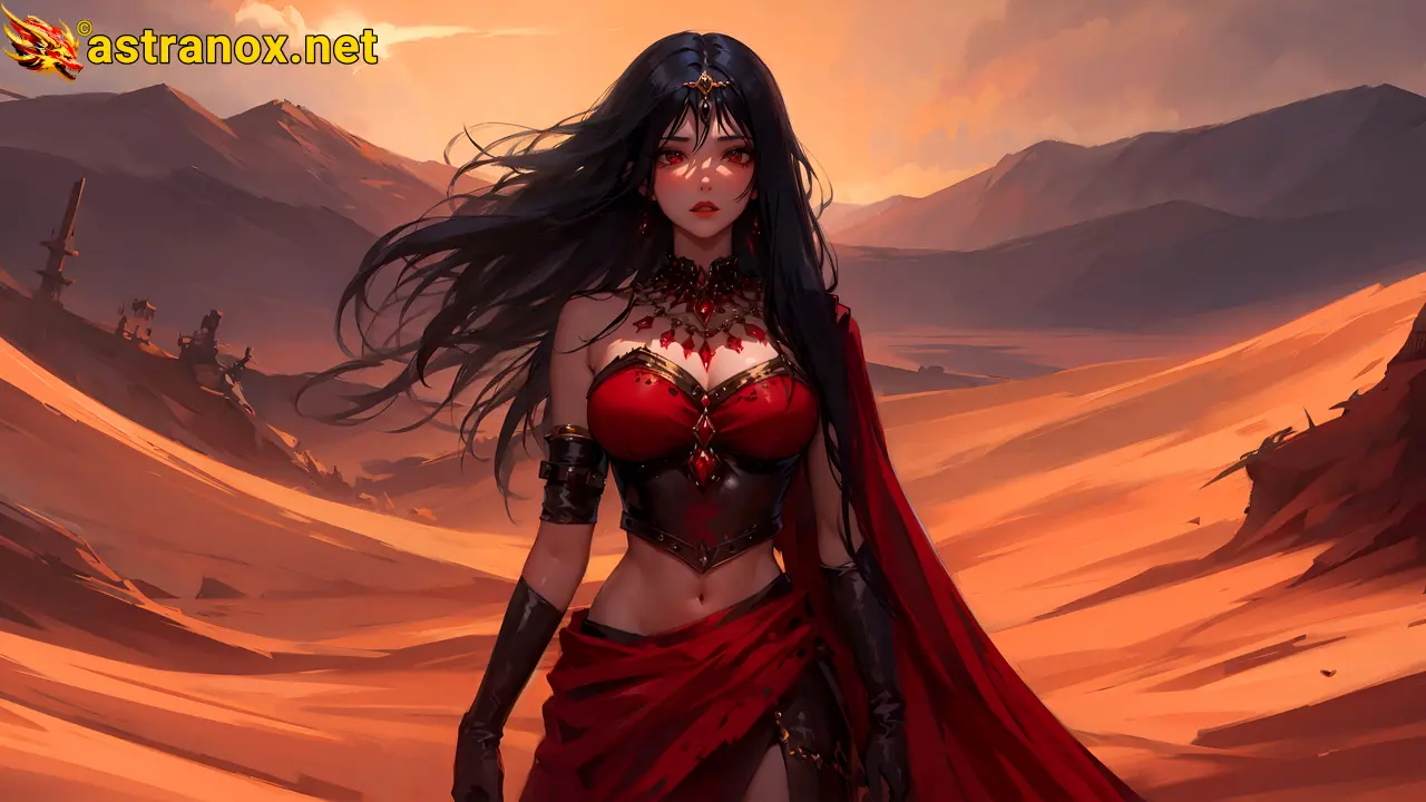 A captivating 4K wallpaper depicting a stunningly beautiful necromancer priestess of Northern European, Middle Eastern, and African origins, clad in a black corset and tattered crimson skirt, amidst the desolate Crimson Wastes, a visually rich and haunting panorama where dark fantasy horror and supernatural beauty reign supreme. Astranox